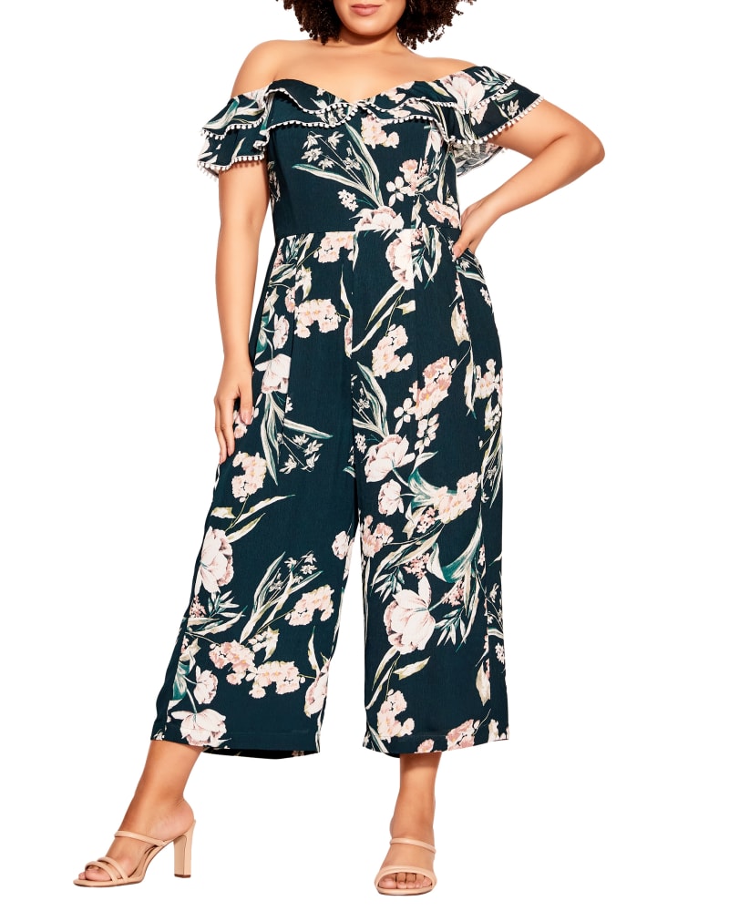 Front of a model wearing a size XS Adalynn Jumpsuit in Black / Ivory by City Chic. | dia_product_style_image_id:233566